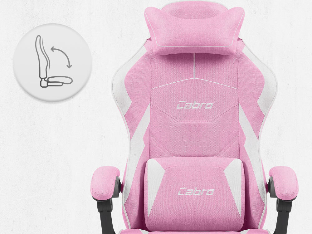Fotel CABRO C502 Różowo-biały Fotel gamingowy widziany od przodu z ikoną ilustrującą mechanizm kołysania siedziska uniwersalny fotel gamingowy do biura i pokoju gracza