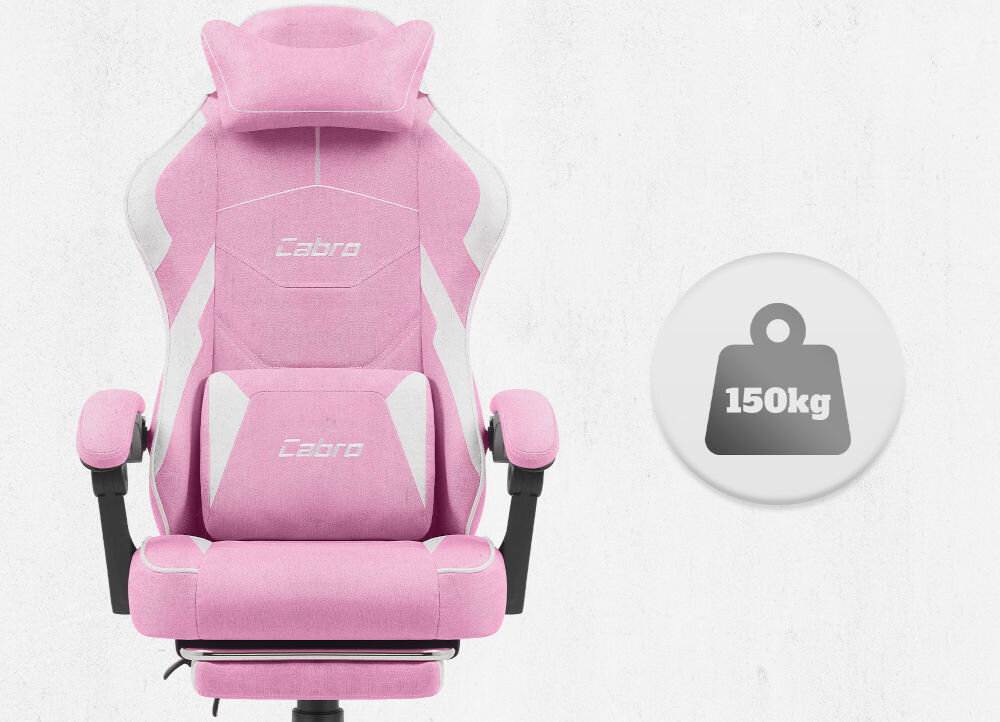 Fotel CABRO C502 Różowo-biały Widok od przodu na fotel gamingowy z ikoną informującą o maksymalnym obciążeniu wynoszącym 150 kg wytrzymały fotel gamingowy o nośności 150 kg