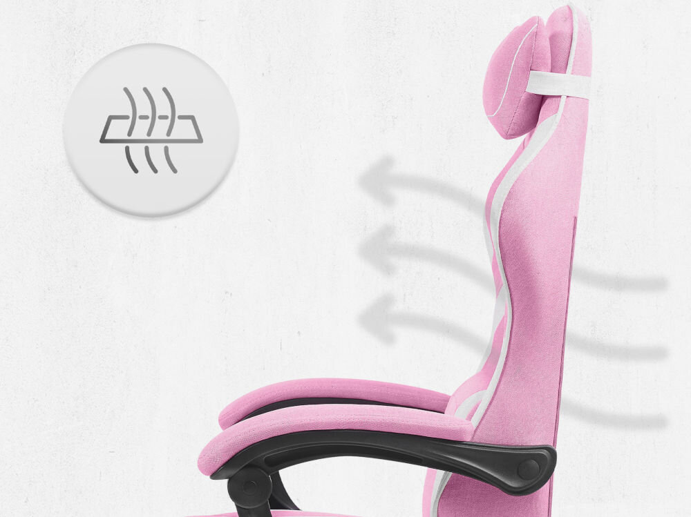 Fotel CABRO C502 Różowo-biały Profil fotela gamingowego z naniesionymi strzałkami i ikoną symbolizującą wentylację oraz przepływ powietrza przez oparcie ergonomiczny fotel gamingowy do długiej pracy i grania