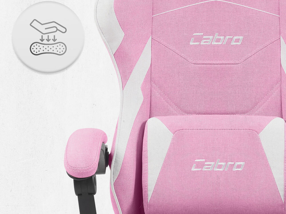 Fotel CABRO C502 Różowo-biały Zbliżenie na oparcie i podłokietnik fotela z ikoną dłoni naciskającej miękką piankę wypełniającą fotel gamingowy z oddychającą tapicerką z tkaniny