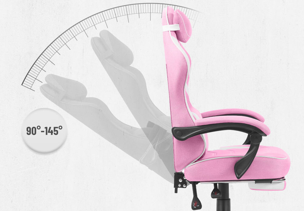 Fotel CABRO C502 Różowo-biały Grafika prezentująca mechanizm regulacji kąta nachylenia oparcia fotela w zakresie od 90 do 145 stopni fotel gamingowy z regulacją oparcia do 145 stopni
