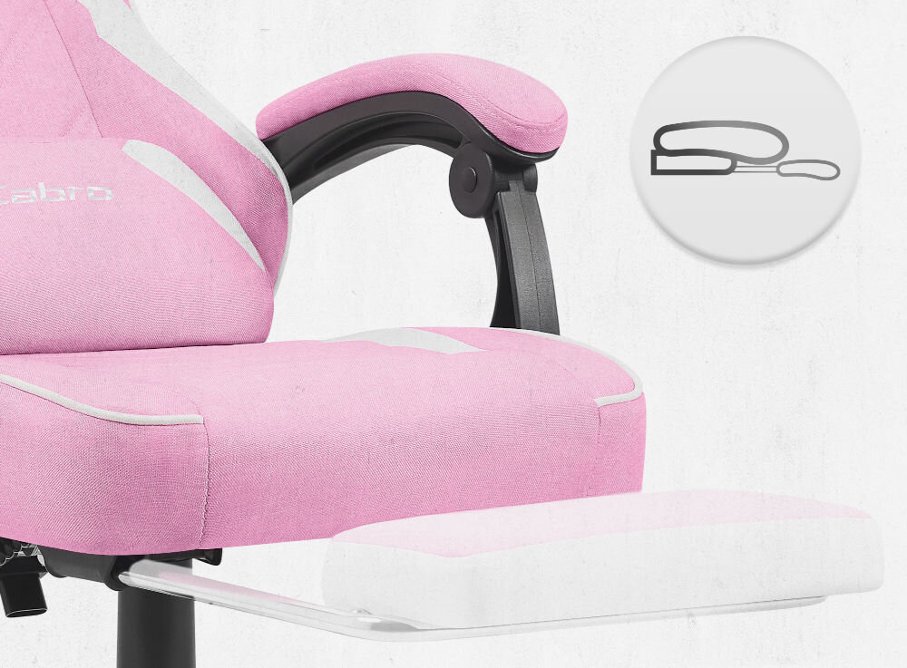 Fotel CABRO C502 Różowo-biały zbliżenie na wysuwany podnóżek jasne tło ikona fotel gamingowy z wysuwanym podnóżkiem do odpoczynku