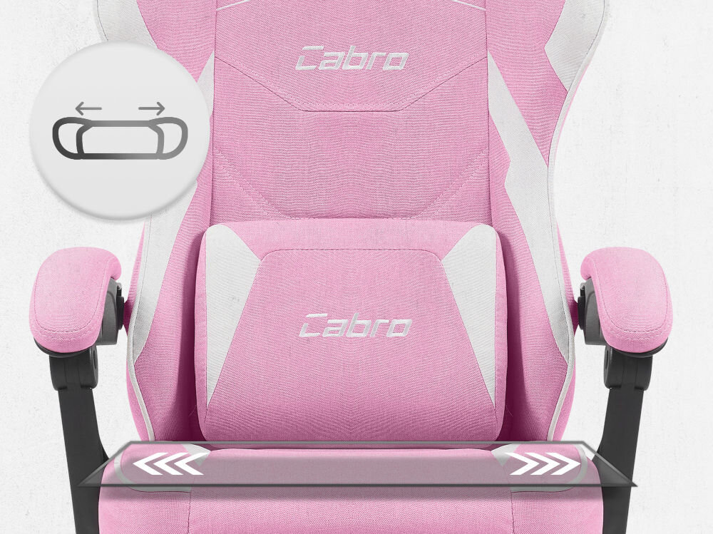 Fotel CABRO C502 Różowo-biały Zbliżenie na siedzisko oraz poduszkę lędźwiową fotela gamingowego z logo marki i ikoną profilowanej poduszki fotel gamingowy z ergonomicznym siedziskiem z pianką