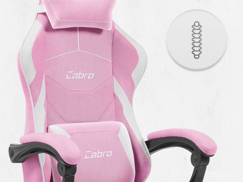 Fotel CABRO C502 Różowo-biały Górna część fotela gamingowego z widocznym zagłówkiem i ikoną wsparcia kręgosłupa na całej długości pleców fotel gamingowy z poduszką lędźwiową i poduszką pod kark