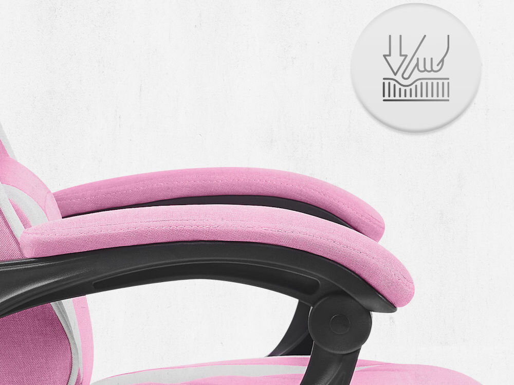 Fotel CABRO C502 Różowo-biały Zbliżenie na miękki podłokietnik fotela z ikoną nacisku, podkreślającą komfort użytkowania i jakość wypełnienia fotel gamingowy z podłokietnikami z miękkimi padami