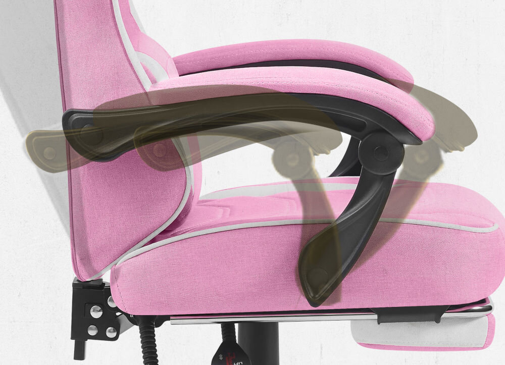 Fotel CABRO C502 Różowo-biały Widok z profilu na podłokietnik fotela z graficznym zaznaczeniem możliwości jego regulacji i dopasowania do rąk fotel gamingowy z systemem linkage armrests podłokietników