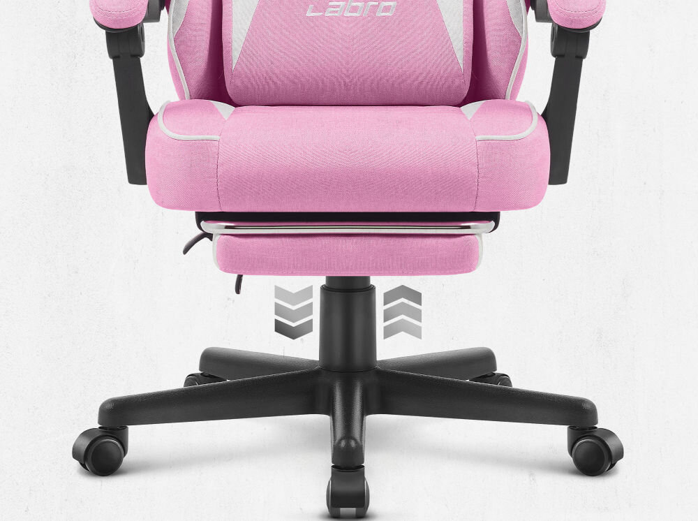 Fotel CABRO C502 Różowo-biały Zbliżenie na dolną część fotela, prezentujące pięcioramienną podstawę, kółka oraz mechanizm podnośnika gazowego fotel gamingowy z regulacją wysokości siedziska gazowym siłownikiem