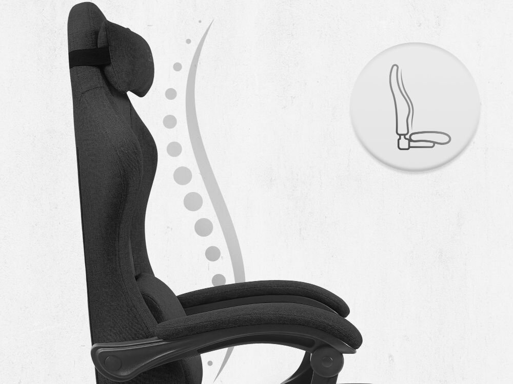 Fotel CABRO C503 Czarny Profil fotela z ikoną prezentującą ergonomiczny kształt oparcia dopasowany do naturalnej krzywizny kręgosłupa ergonomiczny fotel gamingowy do pracy i grania