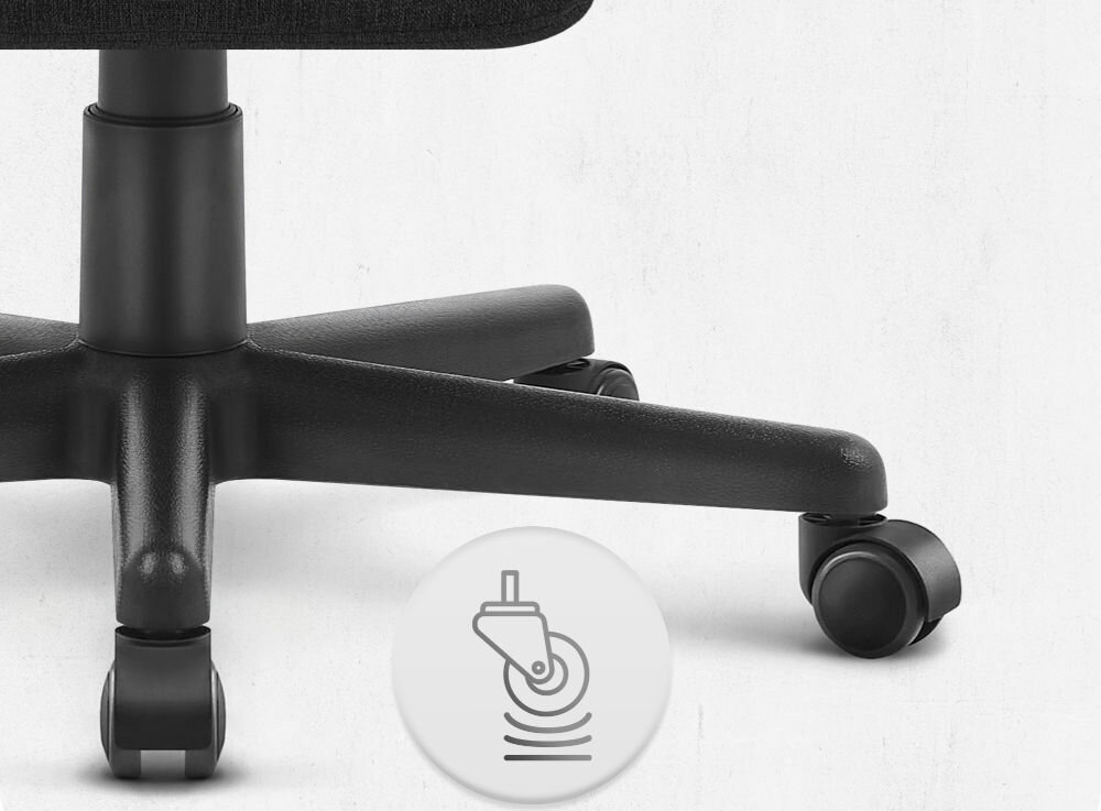 Fotel CABRO C503 Czarny Zbliżenie na kółka fotela gamingowego z ikoną sugerującą płynność ruchu lub cichą pracę mechanizmu fotel gamingowy z solidnymi kółkami trwałe materiały ochrona podłogi