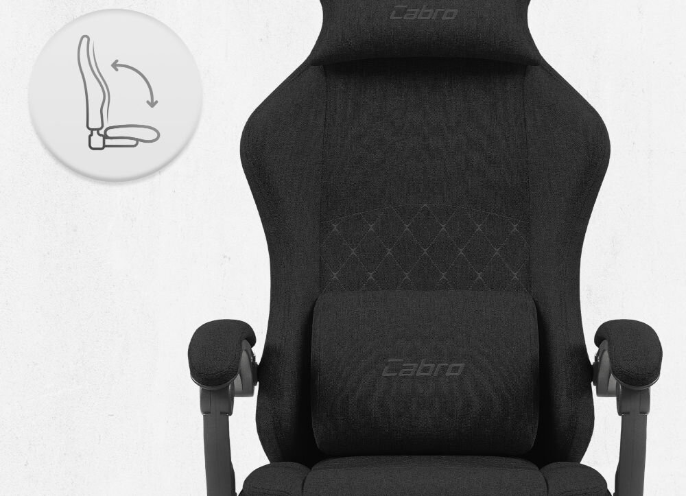 Fotel CABRO C503 Czarny Fotel gamingowy widziany od przodu z ikoną ilustrującą mechanizm kołysania siedziska uniwersalny fotel gamingowy do biura i pokoju gracza
