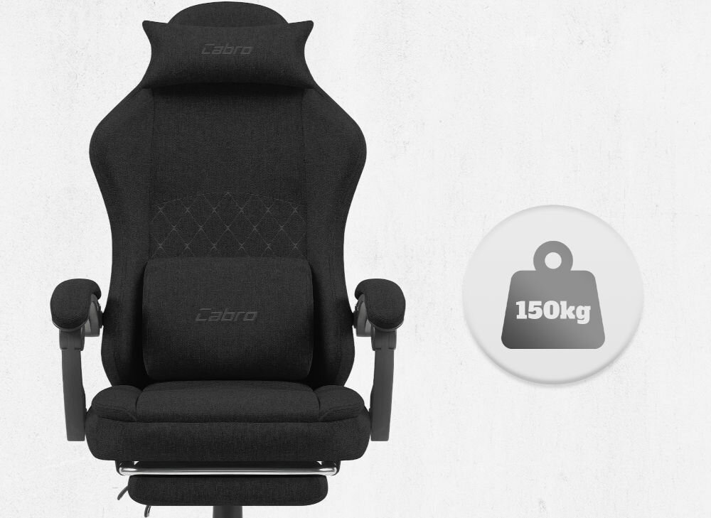 Fotel CABRO C503 Czarny Widok od przodu na fotel gamingowy z ikoną informującą o maksymalnym obciążeniu wynoszącym 150 kg wytrzymały fotel gamingowy o nośności 150 kg
