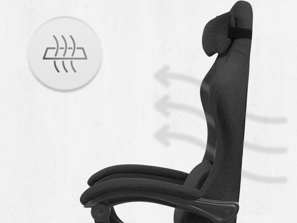 Fotel CABRO C503 Czarny Profil fotela gamingowego z naniesionymi strzałkami i ikoną symbolizującą wentylację oraz przepływ powietrza przez oparcie ergonomiczny fotel gamingowy do długiej pracy i grania