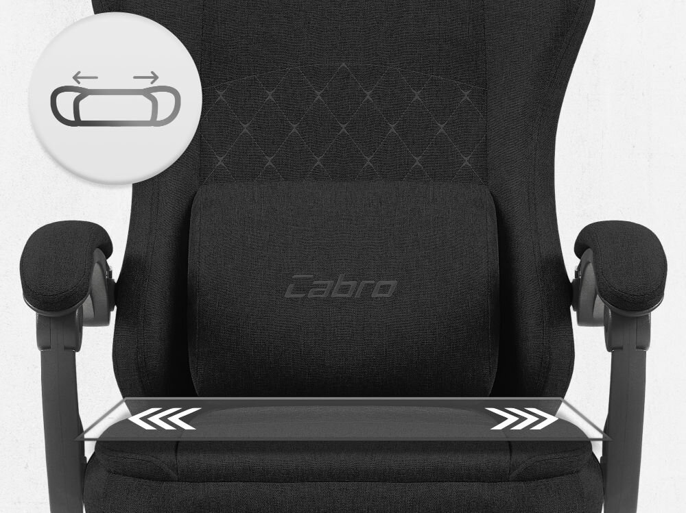 Fotel CABRO C503 Czarny Zbliżenie na siedzisko oraz poduszkę lędźwiową fotela gamingowego z logo marki i ikoną profilowanej poduszki fotel gamingowy z ergonomicznym siedziskiem z pianką