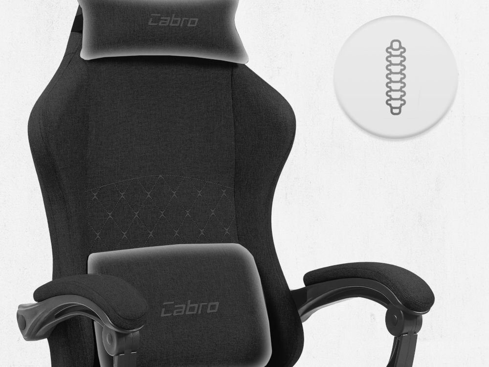 Fotel CABRO C503 Czarny Górna część fotela gamingowego z widocznym zagłówkiem i ikoną wsparcia kręgosłupa na całej długości pleców fotel gamingowy z poduszką lędźwiową i poduszką pod kark