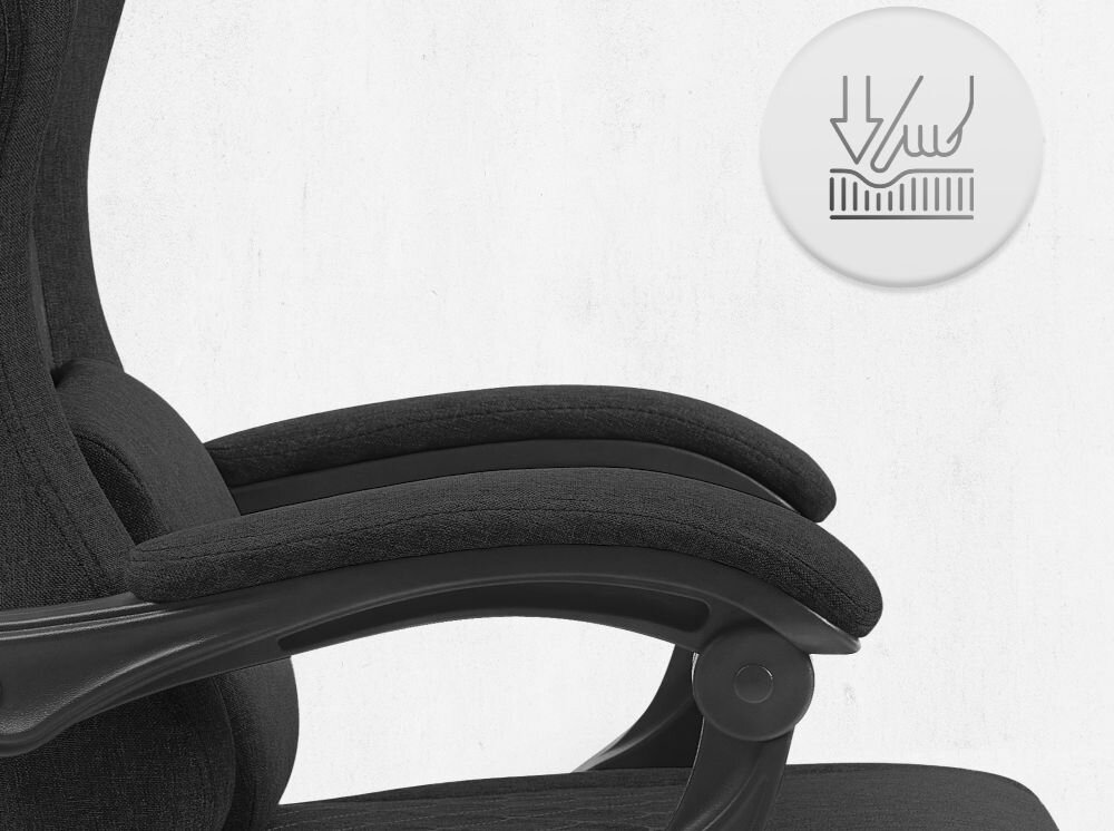 Fotel CABRO C503 Czarny Zbliżenie na miękki podłokietnik fotela z ikoną nacisku, podkreślającą komfort użytkowania i jakość wypełnienia fotel gamingowy z podłokietnikami z miękkimi padami