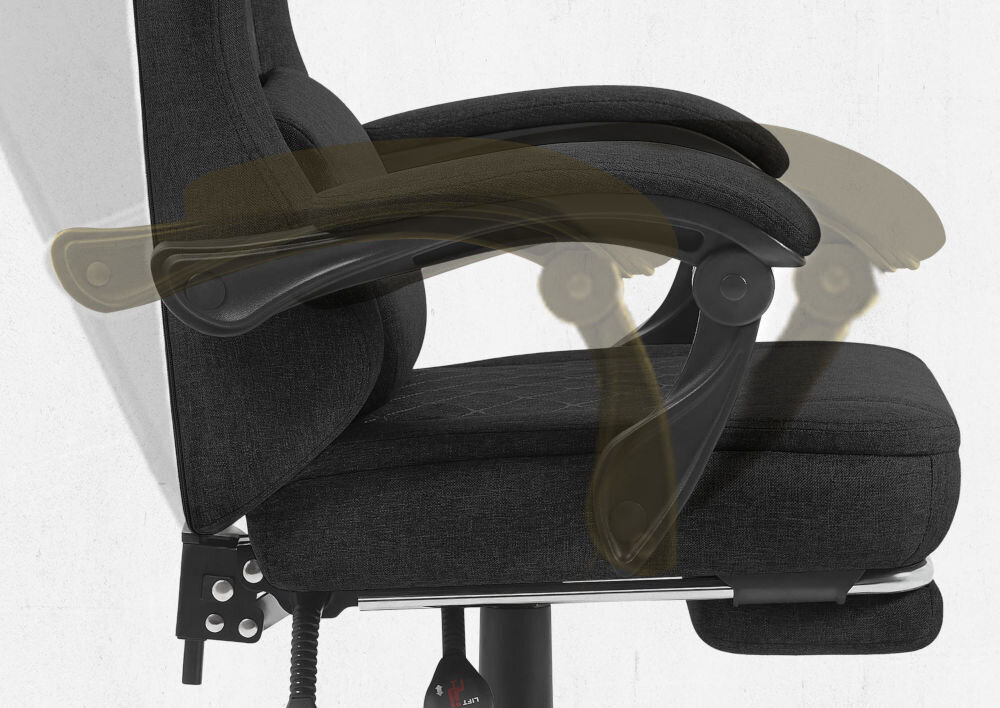 Fotel CABRO C503 Czarny Widok z profilu na podłokietnik fotela z graficznym zaznaczeniem możliwości jego regulacji i dopasowania do rąk fotel gamingowy z systemem linkage armrests podłokietników