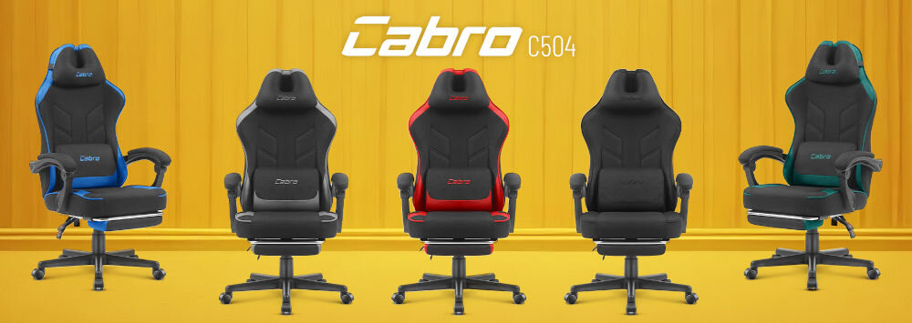 Fotel CABRO C504 Czarno-czerwony Zestawienie różnych modeli foteli gamingowych z tej samej serii, prezentujące dostępne warianty wykończenia i detali ergonomiczny fotel gamingowy z podnóżkiem i regulacją oparcia