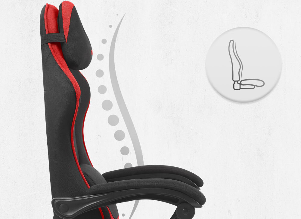Fotel CABRO C504 Czarno-czerwony Profil fotela z ikoną prezentującą ergonomiczny kształt oparcia dopasowany do naturalnej krzywizny kręgosłupa ergonomiczny fotel gamingowy do pracy i grania