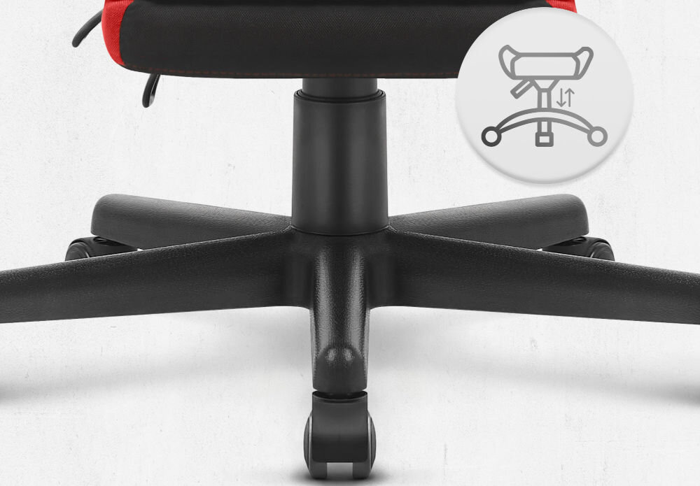 Fotel CABRO C504 Czarno-czerwony Widok na podstawę fotela z ikoną ilustrującą funkcję regulacji wysokości siedziska fotel gamingowy z pięcioramienną nylonową podstawą