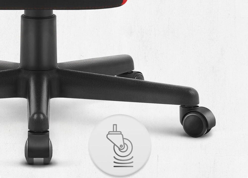 Fotel CABRO C504 Czarno-czerwony Zbliżenie na kółka fotela gamingowego z ikoną sugerującą płynność ruchu lub cichą pracę mechanizmu fotel gamingowy z solidnymi kółkami trwałe materiały ochrona podłogi