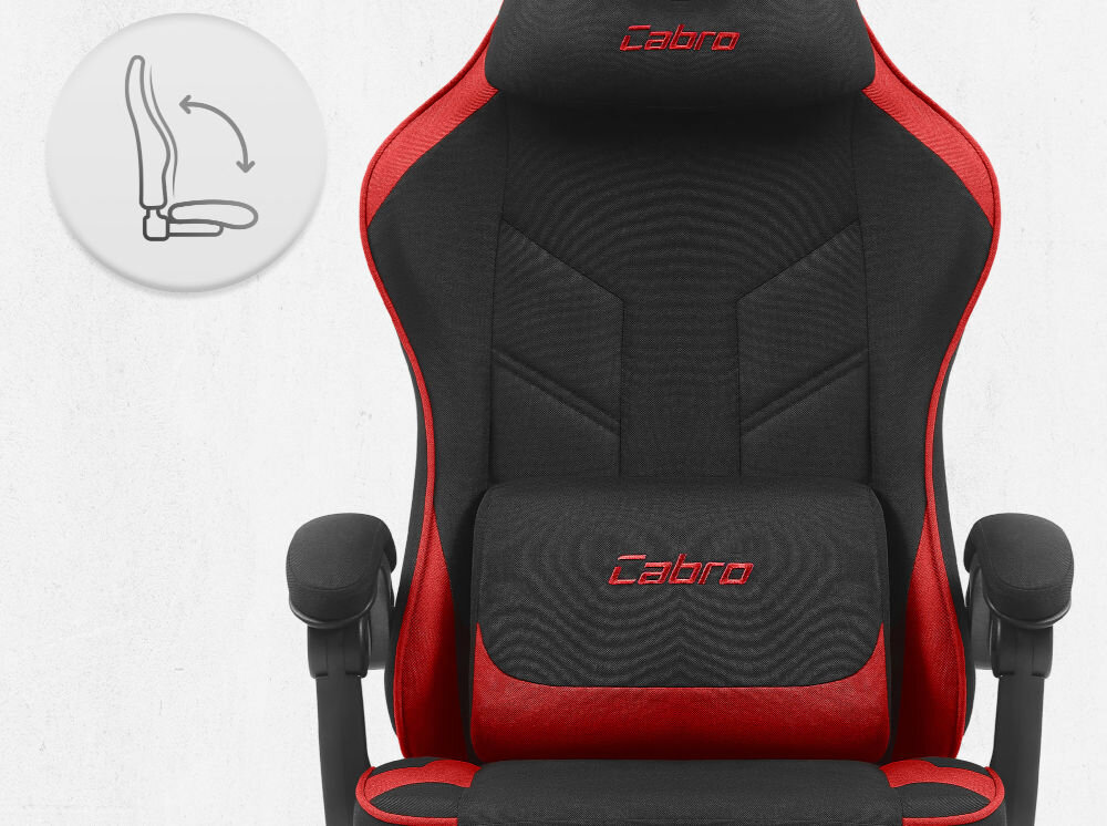 Fotel CABRO C504 Czarno-czerwony Fotel gamingowy widziany od przodu z ikoną ilustrującą mechanizm kołysania siedziska uniwersalny fotel gamingowy do biura i pokoju gracza