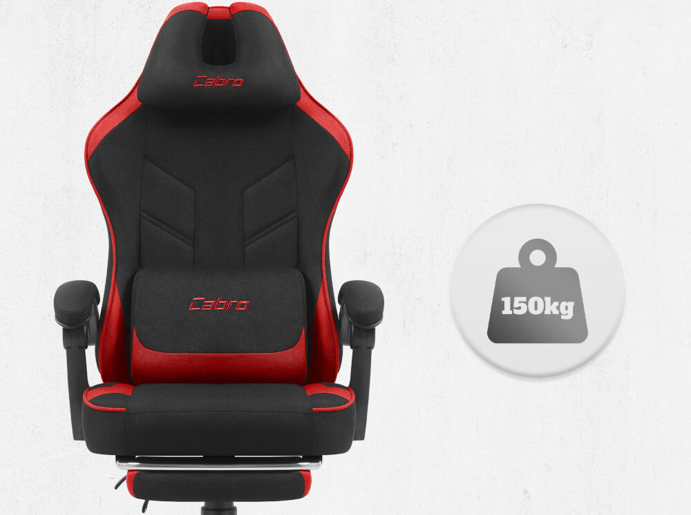 Fotel CABRO C504 Czarno-czerwony Widok od przodu na fotel gamingowy z ikoną informującą o maksymalnym obciążeniu wynoszącym 150 kg wytrzymały fotel gamingowy o nośności 150 kg