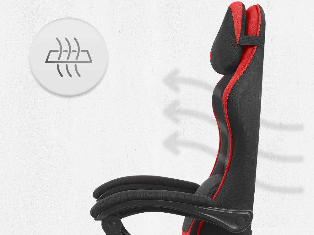 Fotel CABRO C504 Czarno-czerwony Profil fotela gamingowego z naniesionymi strzałkami i ikoną symbolizującą wentylację oraz przepływ powietrza przez oparcie ergonomiczny fotel gamingowy do długiej pracy i grania