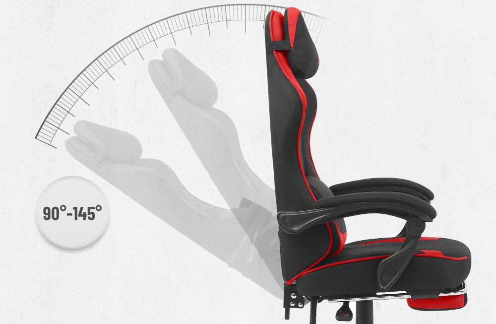 Fotel CABRO C504 Czarno-czerwony Grafika prezentująca mechanizm regulacji kąta nachylenia oparcia fotela w zakresie od 90 do 145 stopni fotel gamingowy z regulacją oparcia do 145 stopni