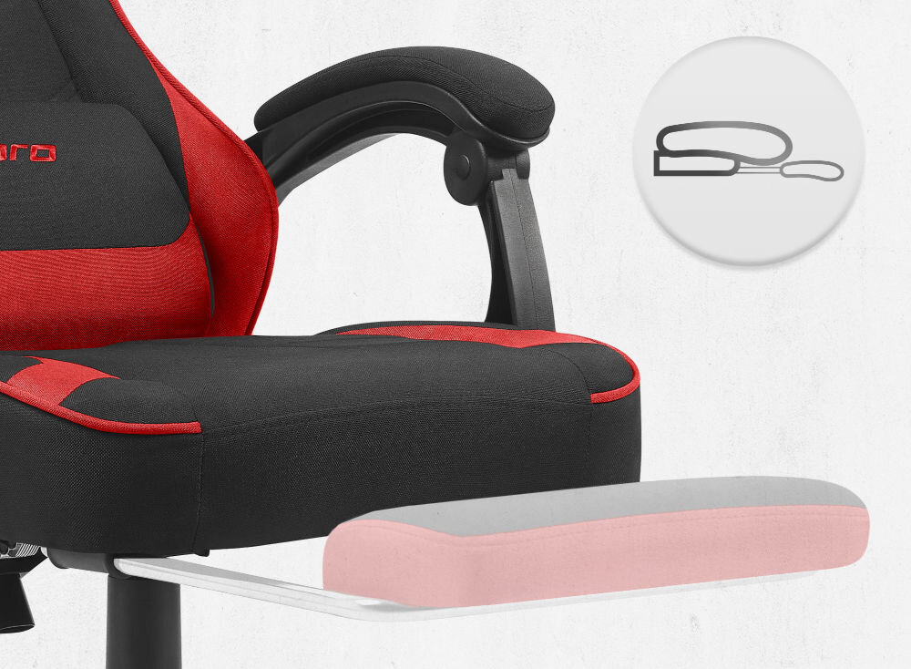 Fotel CABRO C504 Czarno-czerwony zbliżenie na wysuwany podnóżek jasne tło ikona fotel gamingowy z wysuwanym podnóżkiem do odpoczynku