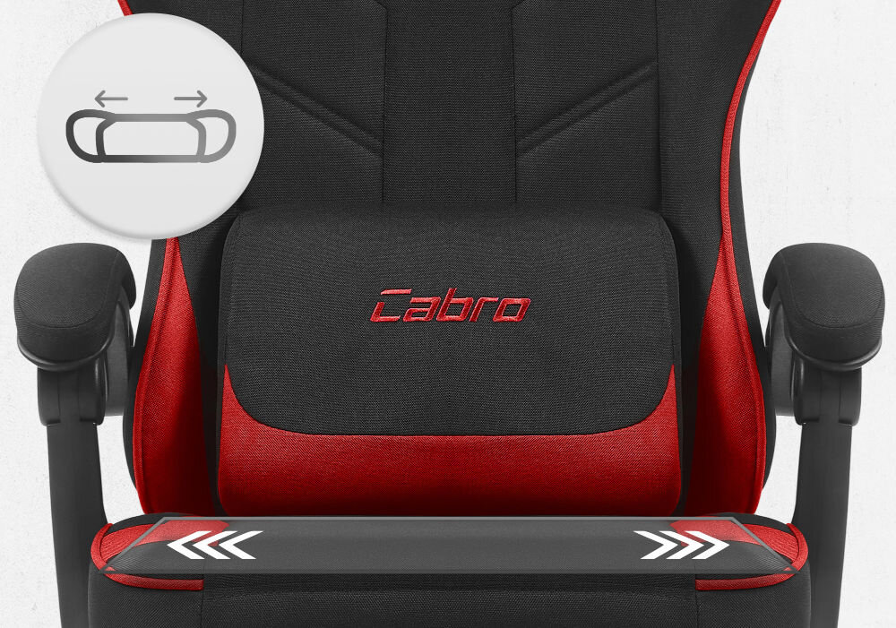Fotel CABRO C504 Czarno-czerwony Zbliżenie na siedzisko oraz poduszkę lędźwiową fotela gamingowego z logo marki i ikoną profilowanej poduszki fotel gamingowy z ergonomicznym siedziskiem z pianką
