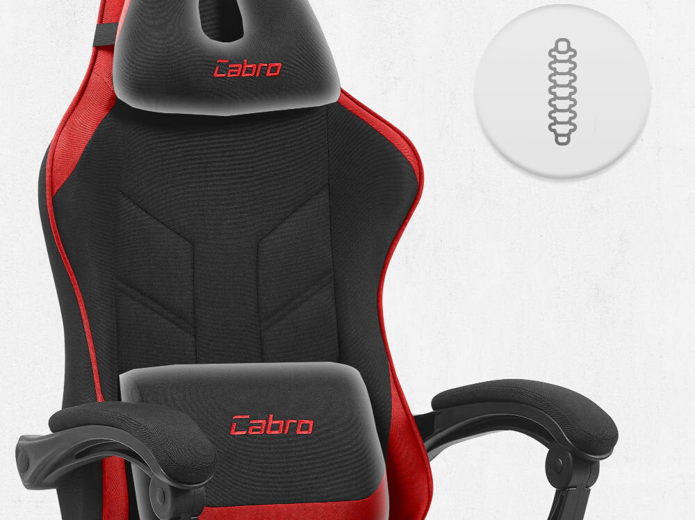 Fotel CABRO C504 Czarno-czerwony Górna część fotela gamingowego z widocznym zagłówkiem i ikoną wsparcia kręgosłupa na całej długości pleców fotel gamingowy z poduszką lędźwiową i poduszką pod kark