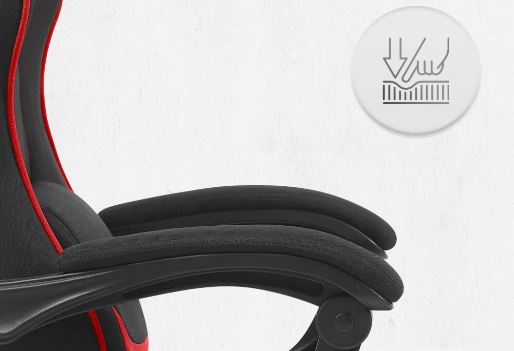 Fotel CABRO C504 Czarno-czerwony Zbliżenie na miękki podłokietnik fotela z ikoną nacisku, podkreślającą komfort użytkowania i jakość wypełnienia fotel gamingowy z podłokietnikami z miękkimi padami