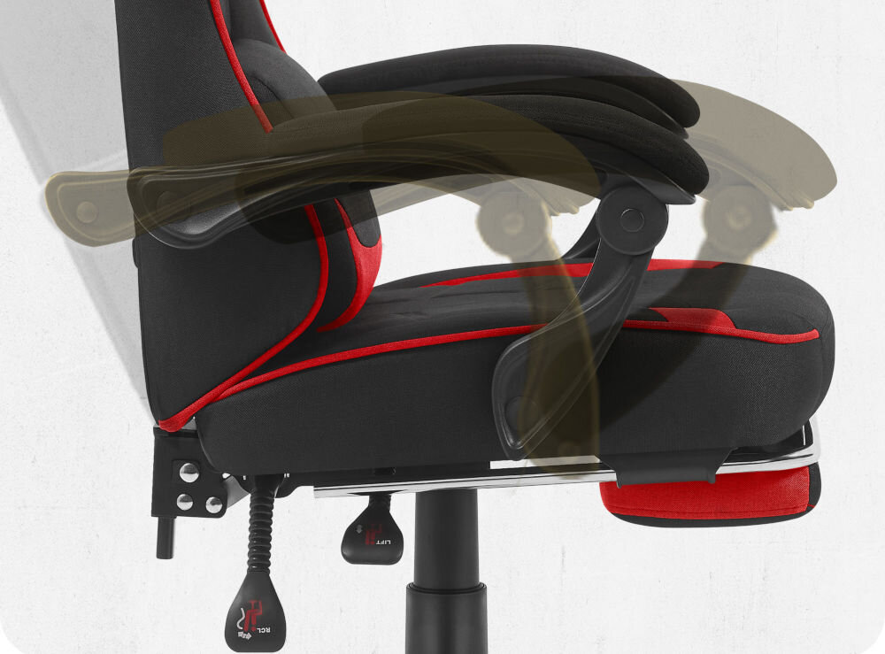 Fotel CABRO C504 Czarno-czerwony Widok z profilu na podłokietnik fotela z graficznym zaznaczeniem możliwości jego regulacji i dopasowania do rąk fotel gamingowy z systemem linkage armrests podłokietników