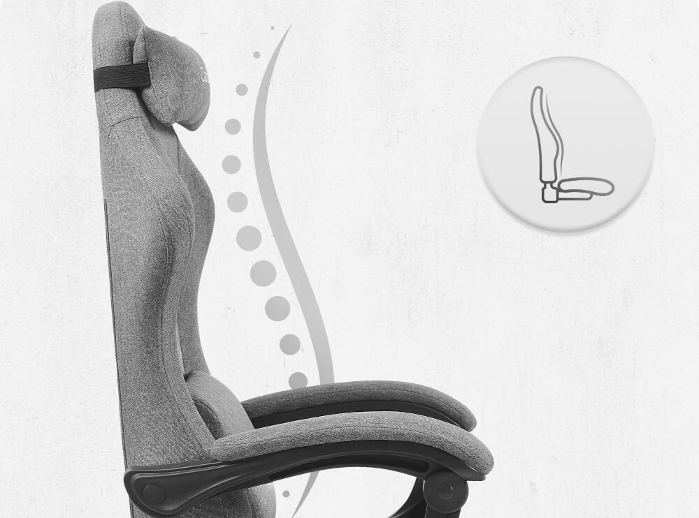 Fotel CABRO C503 Szaro-czarny Profil fotela z ikoną prezentującą ergonomiczny kształt oparcia dopasowany do naturalnej krzywizny kręgosłupa ergonomiczny fotel gamingowy do pracy i grania