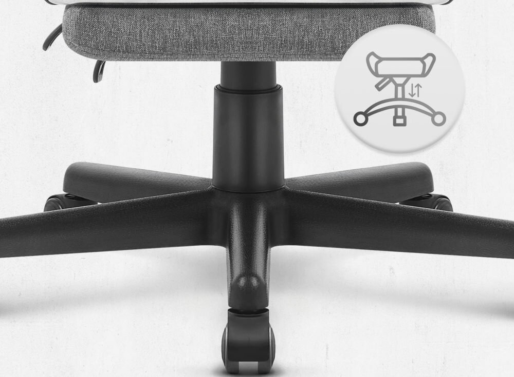 Fotel CABRO C503 Szaro-czarny Widok na podstawę fotela z ikoną ilustrującą funkcję regulacji wysokości siedziska fotel gamingowy z pięcioramienną nylonową podstawą