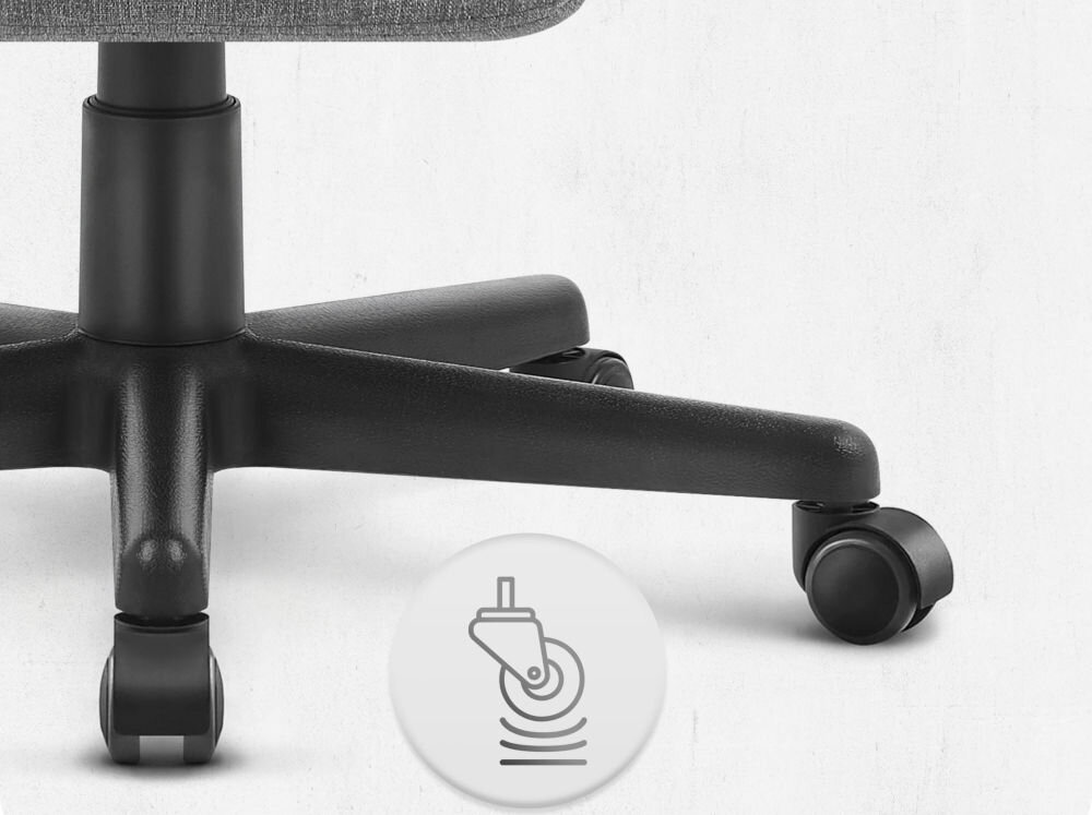 Fotel CABRO C503 Szaro-czarny Zbliżenie na kółka fotela gamingowego z ikoną sugerującą płynność ruchu lub cichą pracę mechanizmu fotel gamingowy z solidnymi kółkami trwałe materiały ochrona podłogi