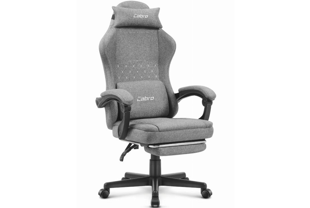 Fotel CABRO C503 Szaro-czarny prezentacja fotela na jasnym tle od przodu pod kątem fotel gamingowy z dopasowanymi wymiarami do biurka