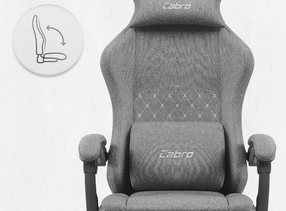Fotel CABRO C503 Szaro-czarny Fotel gamingowy widziany od przodu z ikoną ilustrującą mechanizm kołysania siedziska uniwersalny fotel gamingowy do biura i pokoju gracza