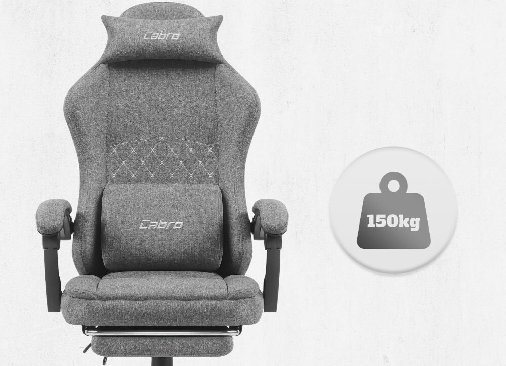 Fotel CABRO C503 Szaro-czarny Widok od przodu na fotel gamingowy z ikoną informującą o maksymalnym obciążeniu wynoszącym 150 kg wytrzymały fotel gamingowy o nośności 150 kg