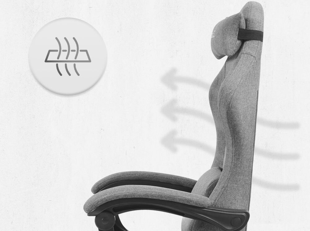 Fotel CABRO C503 Szaro-czarny Profil fotela gamingowego z naniesionymi strzałkami i ikoną symbolizującą wentylację oraz przepływ powietrza przez oparcie ergonomiczny fotel gamingowy do długiej pracy i grania