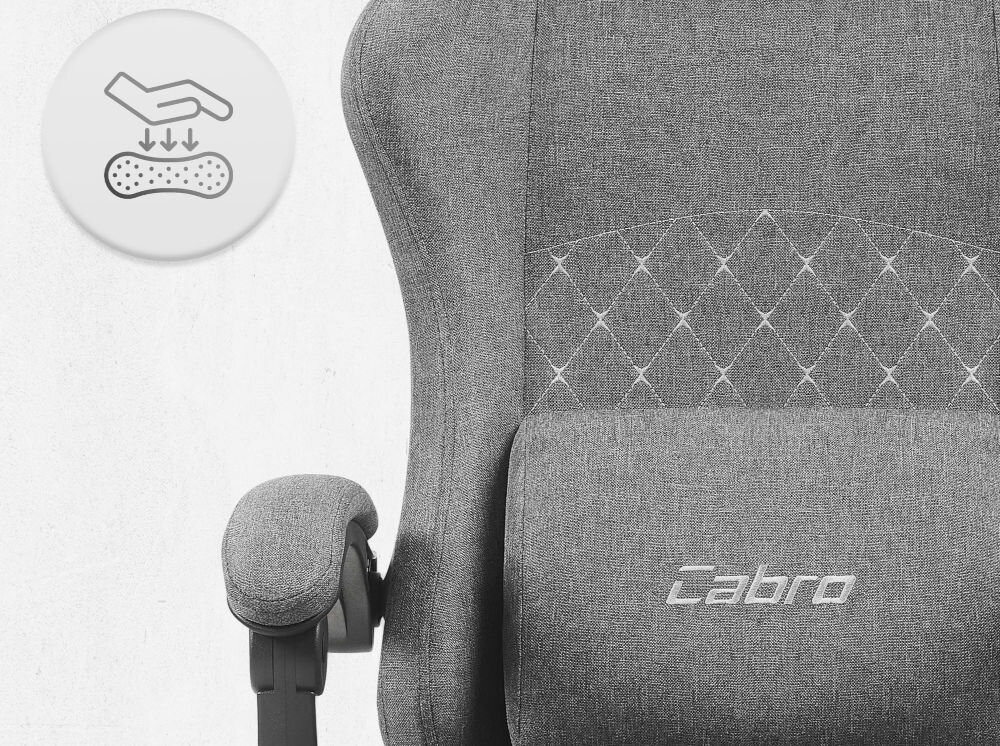 Fotel CABRO C503 Szaro-czarny Zbliżenie na oparcie i podłokietnik fotela z ikoną dłoni naciskającej miękką piankę wypełniającą fotel gamingowy z oddychającą tapicerką z tkaniny