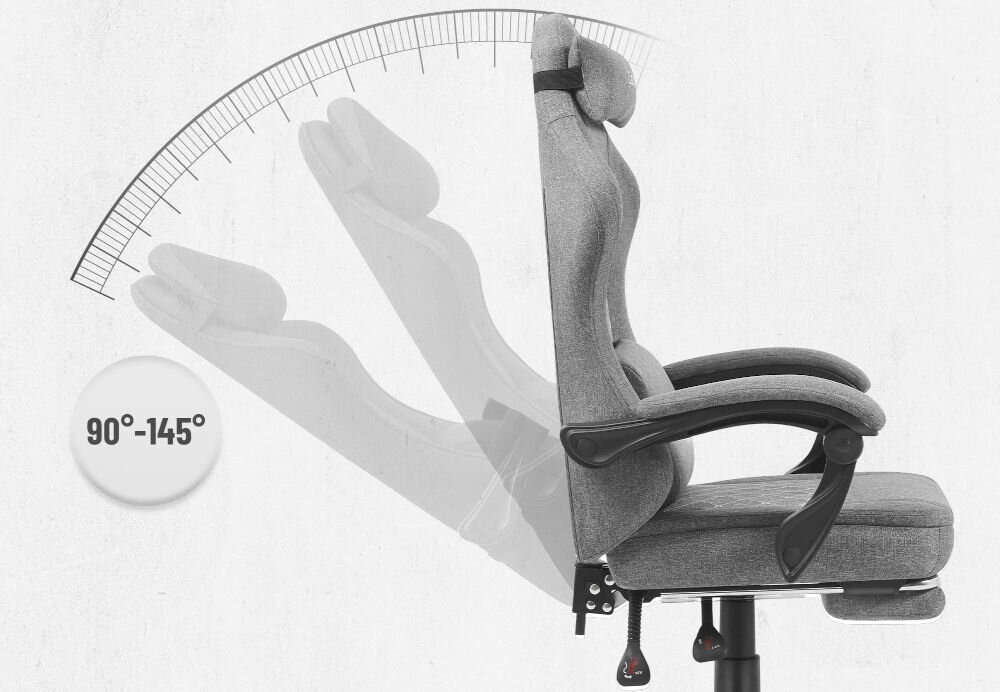 Fotel CABRO C503 Szaro-czarny Grafika prezentująca mechanizm regulacji kąta nachylenia oparcia fotela w zakresie od 90 do 145 stopni fotel gamingowy z regulacją oparcia do 145 stopni