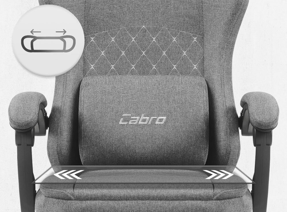 Fotel CABRO C503 Szaro-czarny Zbliżenie na siedzisko oraz poduszkę lędźwiową fotela gamingowego z logo marki i ikoną profilowanej poduszki fotel gamingowy z ergonomicznym siedziskiem z pianką