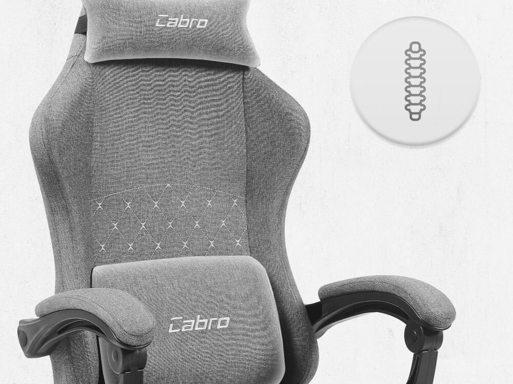 Fotel CABRO C503 Szaro-czarny Górna część fotela gamingowego z widocznym zagłówkiem i ikoną wsparcia kręgosłupa na całej długości pleców fotel gamingowy z poduszką lędźwiową i poduszką pod kark