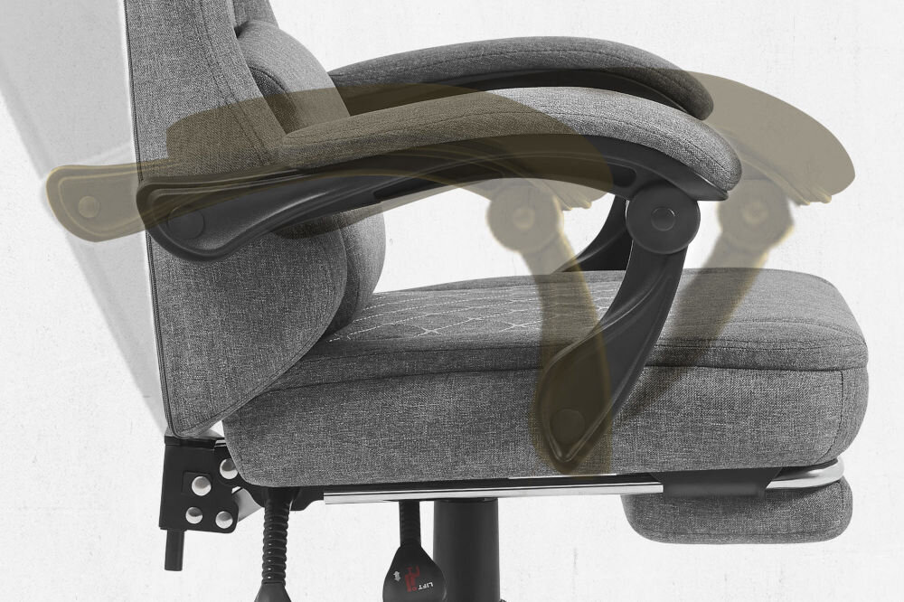 Fotel CABRO C503 Szaro-czarny Widok z profilu na podłokietnik fotela z graficznym zaznaczeniem możliwości jego regulacji i dopasowania do rąk fotel gamingowy z systemem linkage armrests podłokietników