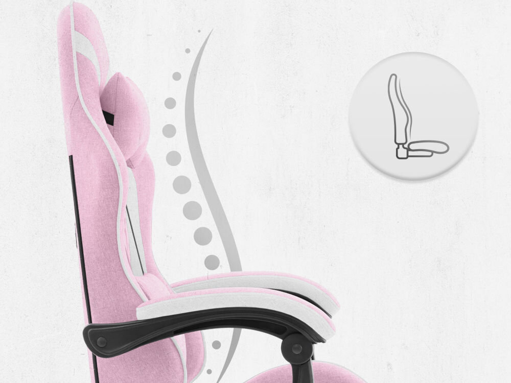 Fotel CABRO C500 Różowo-Biały Profil fotela z ikoną prezentującą ergonomiczny kształt oparcia dopasowany do naturalnej krzywizny kręgosłupa ergonomiczny fotel gamingowy do pracy i grania