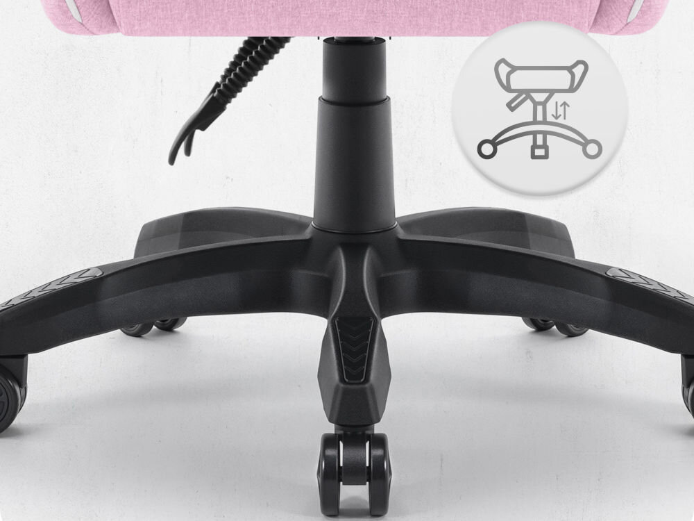 Fotel CABRO C500 Różowo-Biały Widok na podstawę fotela z ikoną ilustrującą funkcję regulacji wysokości siedziska fotel gamingowy z pięcioramienną nylonową podstawą