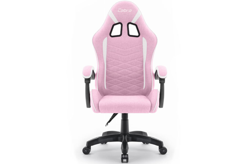 Fotel CABRO C500 Różowo-Biały prezentacja fotela na jasnym tle od przodu fotel gamingowy z dopasowanymi wymiarami do biurka