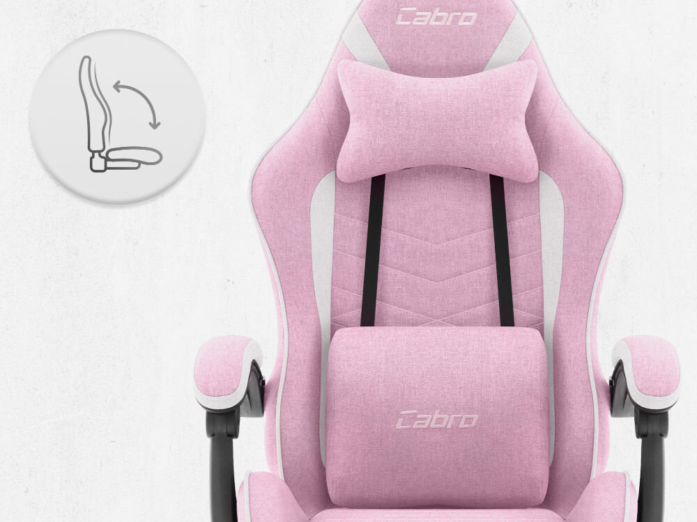 Fotel CABRO C500 Różowo-Biały Fotel gamingowy widziany od przodu z ikoną ilustrującą mechanizm kołysania siedziska uniwersalny fotel gamingowy do biura i pokoju gracza