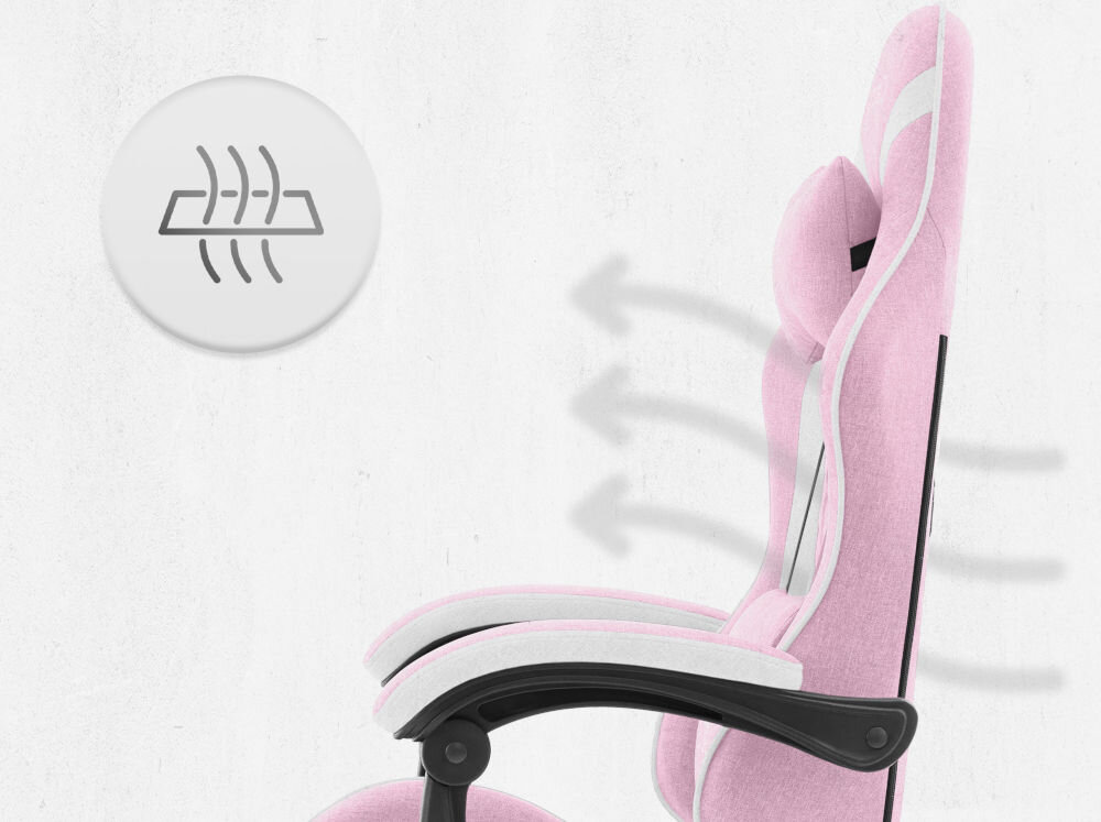 Fotel CABRO C500 Różowo-Biały Profil fotela gamingowego z naniesionymi strzałkami i ikoną symbolizującą wentylację oraz przepływ powietrza przez oparcie ergonomiczny fotel gamingowy do długiej pracy i grania